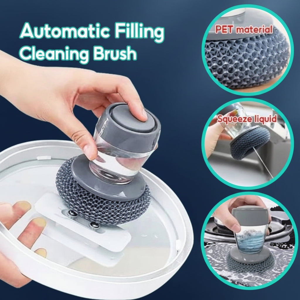 Kitchen Soap Dispensing Palm Brush – Automatic Filling Dish Scrubber with PET Bristles – Non-Scratch Cleaning Brush for Pots, Pans, and Sinks